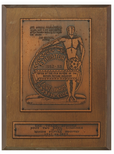 Moe Howard's Laurel Award, Awarded to The Three Stooges for Best Two-Reel Comedies From 1947-1953 -- Plaque Measures 7'' x 9.25'' -- Some Nicks to Wood & Mild Tarnishing to Metal, Overall Very Good